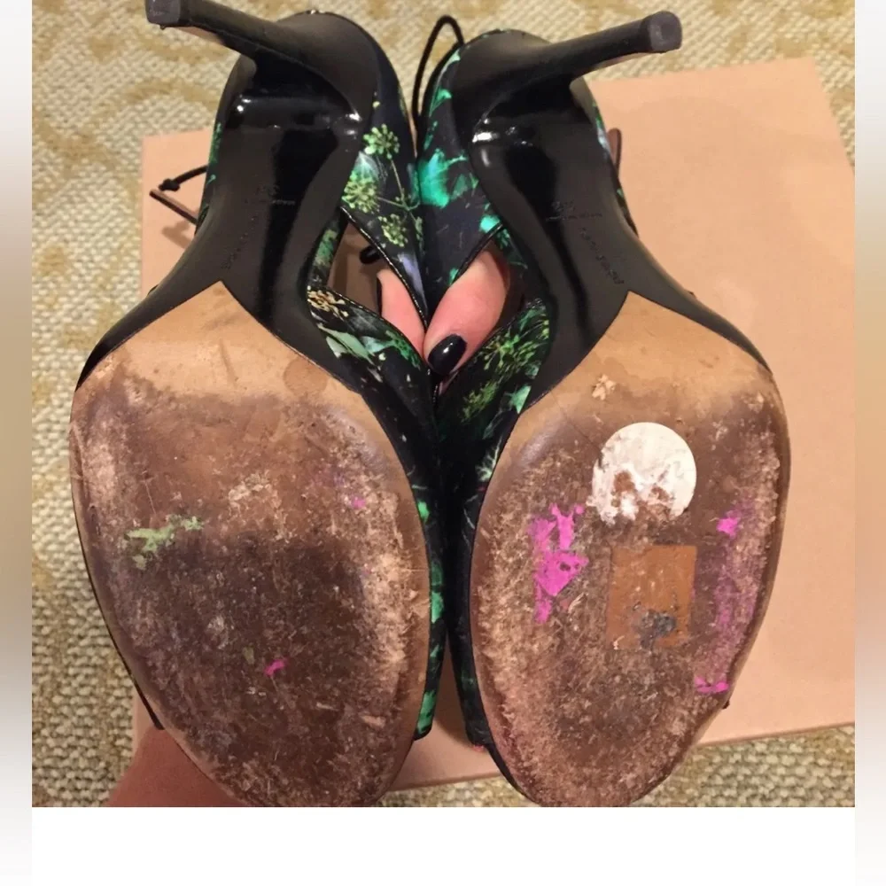Tabitha Simmons Bailey Floral Printed Satin Sandals Green Ivy Print Black Box - Picture 8 of 8